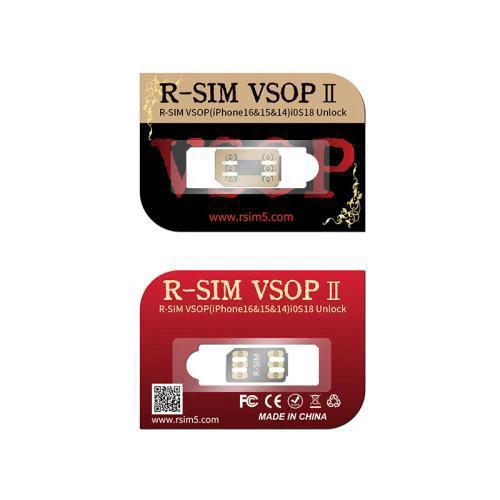 R-SIM VSOP 2 Chip for Easy SIM Switching on iPhone packaged view showing dual SIM unlock chip for iPhone 13-16 models