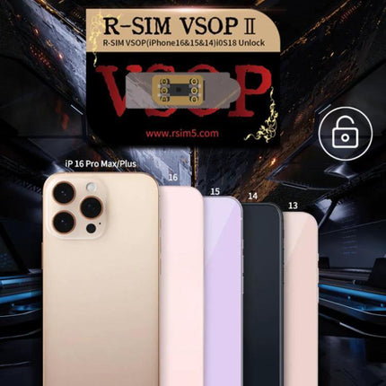 R-SIM VSOP 2 Chip for Easy SIM Switching on iPhone - R-SIM VSOP II card with iPhone 13-16 lineup showing dual SIM unlock solution