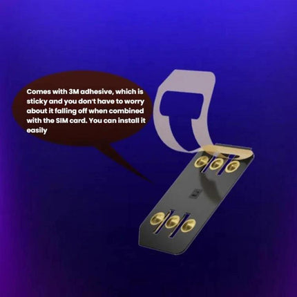 R-SIM VSOP 2 Chip for Easy SIM Switching on iPhone showing adhesive strip and gold contact pads for dual SIM installation
