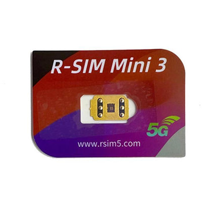 R-SIM Mini 3 for Dual SIM Use on iPhone Devices compact unlock chip shown in retail card with 5G logo