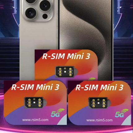 R-SIM Mini 3 for Dual SIM Use on iPhone Devices - compact 5G SIM unlock chip shown with iPhone series 13–16 for easy dual SIM setup