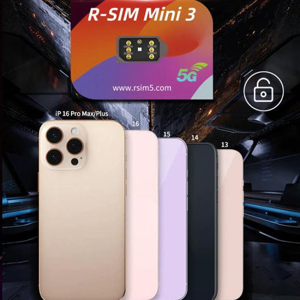R-SIM Mini 3 for Dual SIM Use on iPhone Devices compact unlock chip shown with iPhone 13-16 lineup and 5G logo