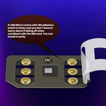 R-SIM Mini 3 for Dual SIM Use on iPhone Devices compact unlock chip with adhesive and gold contacts for easy plug-and-play installation