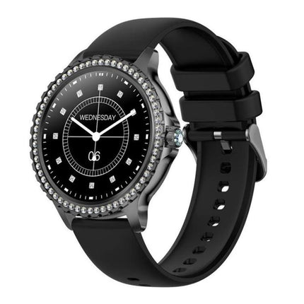 Waterproof Smartwatch for Everyday Wear and Sports - black crystal bezel smartwatch with silicone band showing heart rate and notifications
