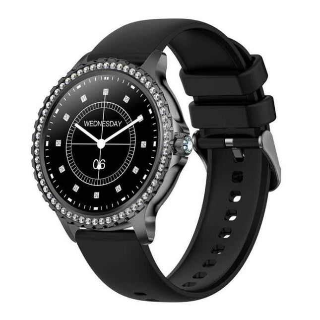Waterproof Smartwatch for Everyday Wear and Sports - black crystal bezel smartwatch with silicone band showing heart rate and notifications