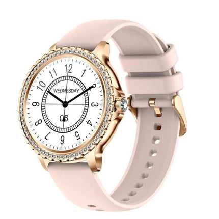 Waterproof Smartwatch for Everyday Wear and Sports — rose gold crystal bezel with pink silicone band showing analog-style display and notifications