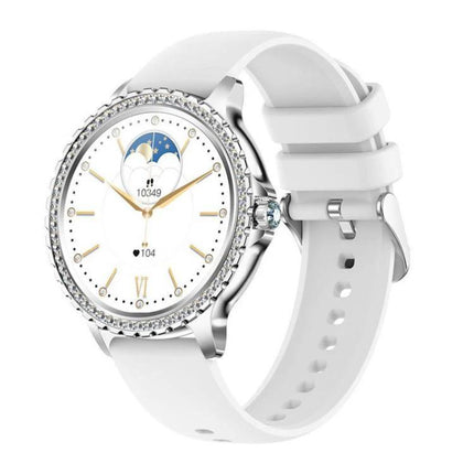 Waterproof Smartwatch for Everyday Wear and Sports - white stylish women's smartwatch with heart rate, step count and moonphase display