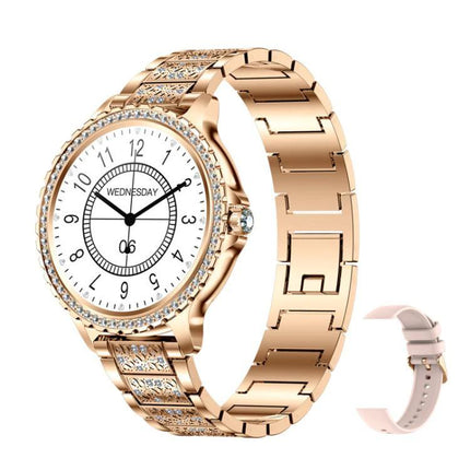 Waterproof Smartwatch for Everyday Wear and Sports - rose gold women's smartwatch with diamond bezel, heart rate, Bluetooth calling and interchangeable band