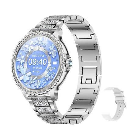 Waterproof Smartwatch for Everyday Wear and Sports - silver women's smartwatch with floral display, heart rate, Bluetooth calling, water-resistant design