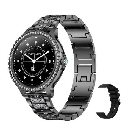Waterproof Smartwatch for Everyday Wear and Sports - elegant black metal smartwatch with crystal bezel, heart-rate, Bluetooth calling and spare strap