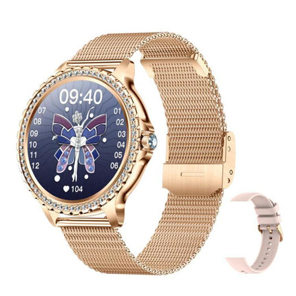 Waterproof Smartwatch for Everyday Wear and Sports - rose gold women's smartwatch with mesh band, butterfly watch face, Bluetooth calling, heart rate