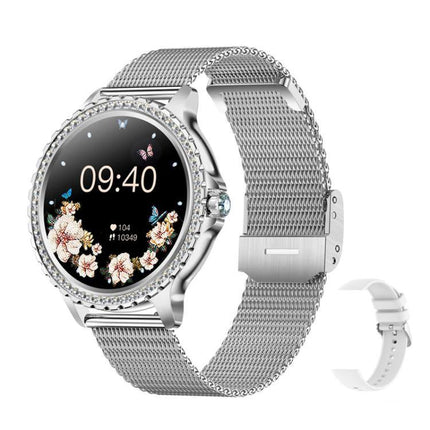 Waterproof Smartwatch for Everyday Wear and Sports — silver women's smartwatch with floral watch face, mesh band and spare silicone strap