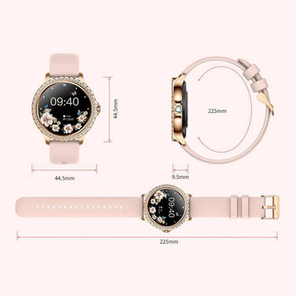 Waterproof Smartwatch for Everyday Wear and Sports - pink gold round face with floral watch face, dimensions 44.5mm x 9.5mm, 225mm strap
