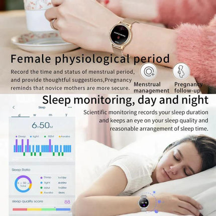 Waterproof Smartwatch for Everyday Wear and Sports — gold smartwatch showing menstrual tracking, sleep monitoring and Bluetooth calling for daily activities