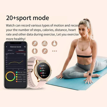 Waterproof Smartwatch for Everyday Wear and Sports showing fitness app, heart rate, and yoga-ready design