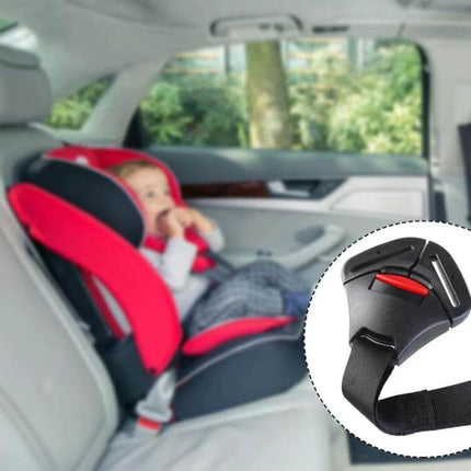 Universal Car Child Safety Seat Five Point Buckle Isofix installed on red car seat with close-up of replacement five-point buckle
