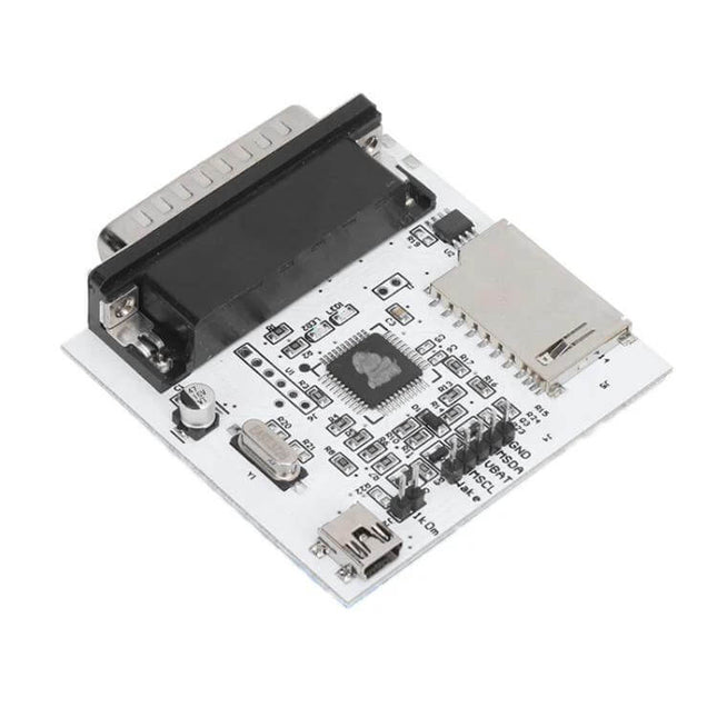 IPROG+ SD-Card Adapter for PCF79xx Diagnostic Modules - white circuit board with SD slot, micro USB and DB25 connector for automotive diagnostics