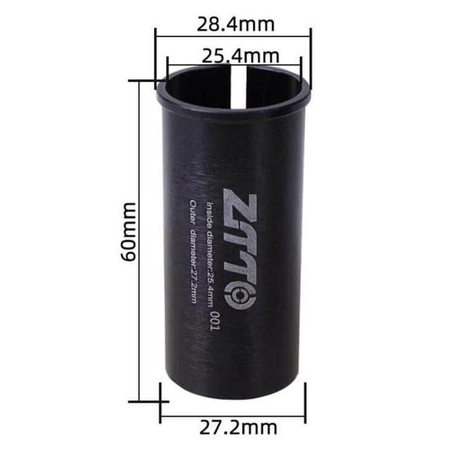 Bicycle Seat Post Conversion Sleeve Reducer For Multiple Diameters - black aluminum alloy reducer sleeve with 25.4mm/27.2mm measurements, 60mm length