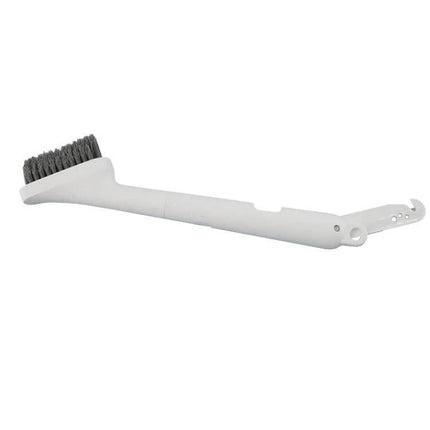 Water Tank Cleaning Brush With Built-In Blade For Hair Removal - compact white brush with soft bristles and hidden blade for removing hair and debris