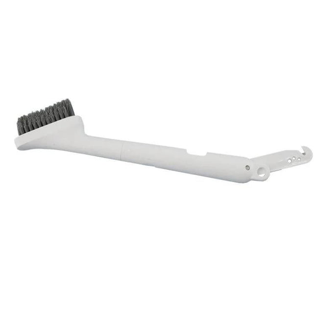 Water Tank Cleaning Brush With Built-In Blade For Hair Removal - compact white brush with soft bristles and hidden blade for removing hair and debris