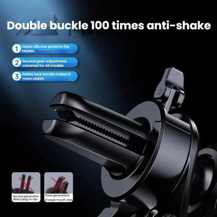 Leeioo Gravity Linkage Car Air Outlet Phone Holder metal vent clip close-up showing double buckle anti-shake grip and quick-lock mounting