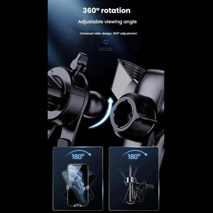Leeioo Gravity Linkage Car Air Outlet Phone Holder showing 360° rotation, adjustable viewing angle and gravity quick-lock mounting
