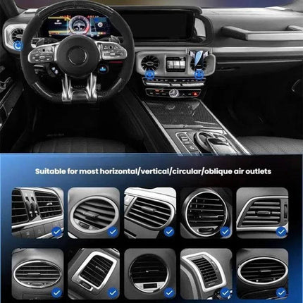 Leeioo Gravity Linkage Car Air Outlet Phone Holder mounted on car vent showing metal one-second gravity locking for navigation and hands-free calling