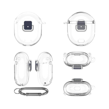 Protective Cover for Google Pixel Buds Pro 2 in Daily Activities clear silicone case showing multiple angles and included carabiner