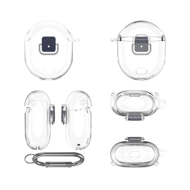 Protective Cover for Google Pixel Buds Pro 2 in Daily Activities clear silicone case showing multiple angles and included carabiner