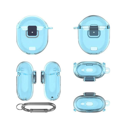 Protective Cover for Google Pixel Buds Pro 2 in Daily Activities silicone clear blue case showing multiple angles and carabiner