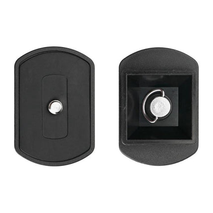 Quick Release Plate for Velbon QB-32 and Weifeng Tripods shown front and back with mounting screw and D-ring for quick camera attachment