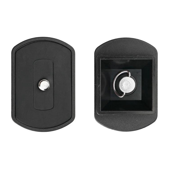 Quick Release Plate for Velbon QB-32 and Weifeng Tripods shown front and back with mounting screw and D-ring for quick camera attachment