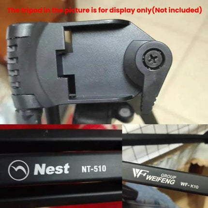 Quick Release Plate for Velbon QB-32 and Weifeng Tripods mounted on Weifeng WF-K10 tripod, close-up showing plate latch and Nest NT-510 legs
