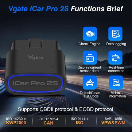 Vgate Tool for Everyday Car Maintenance and Monitoring Bluetooth OBD2 adapter iCar Pro 2S showing functions and protocols