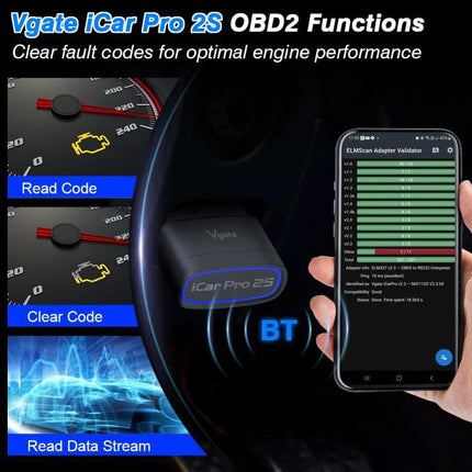 Vgate Tool for Everyday Car Maintenance and Monitoring Bluetooth OBD2 adapter showing app diagnostics on smartphone and read/clear codes
