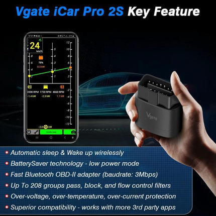 Vgate Tool for Everyday Car Maintenance and Monitoring Bluetooth OBD2 adapter showing app graphs and handheld adapter