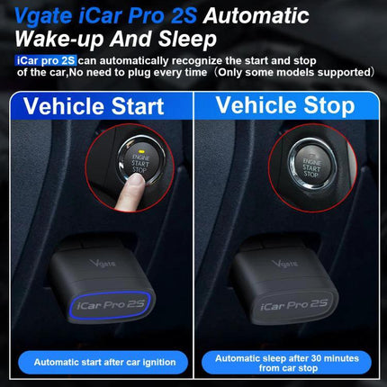 Vgate Tool for Everyday Car Maintenance and Monitoring Bluetooth OBD2 adapter iCar Pro 2S showing vehicle start and stop features