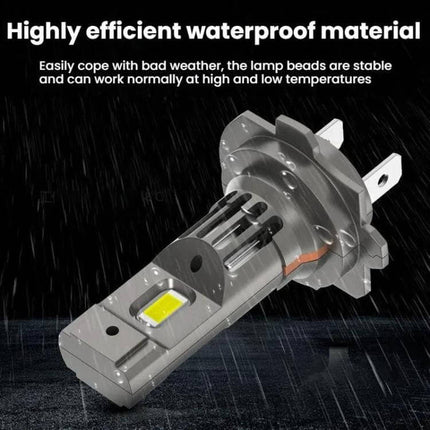 2 Pack Mini LED Headlights For Cars With Direct Plug showing a single waterproof 12V LED bulb in rain, 59x15 mm compact design, 6000K cool white