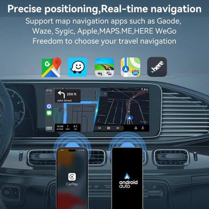 Wired CarPlay and Android to Wireless Box for Cars showing in-dash navigation with CarPlay and Android Auto phones connected wirelessly