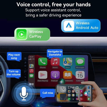 Wired CarPlay and Android to Wireless Box for Cars showing in-dash wireless CarPlay and Android Auto with voice control, Bluetooth 5.2 and Wi‑Fi