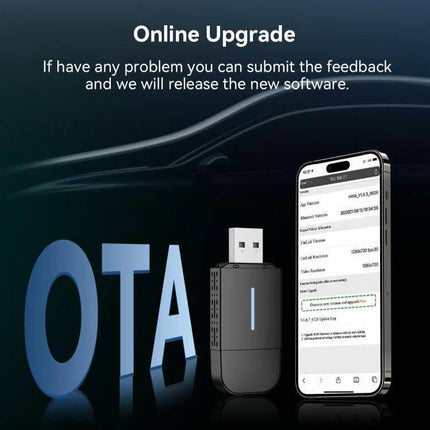 Wired CarPlay and Android to Wireless Box for Cars showing OTA online upgrade with USB dongle and smartphone screen