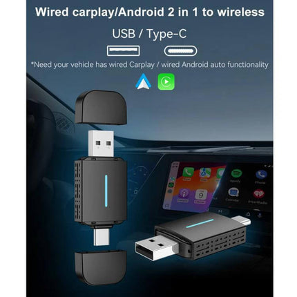 Wired CarPlay and Android to Wireless Box for Cars plug-and-play USB/Type-C adapter adds wireless CarPlay and Android Auto to wired vehicles