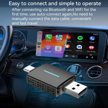 Wired CarPlay and Android to Wireless Box for Cars - Bluetooth 5.2 Wi‑Fi adapter plug connected to car infotainment USB port