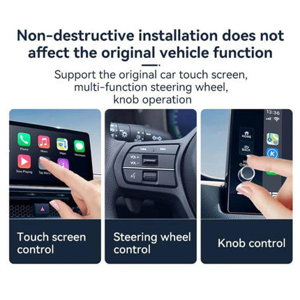 Wired CarPlay and Android to Wireless Box for Cars adding wireless CarPlay/Android Auto while preserving touch screen, steering wheel and knob controls
