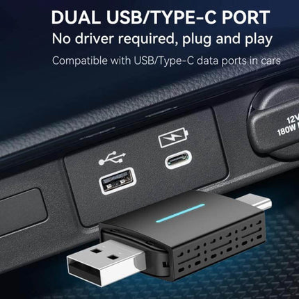 Wired CarPlay and Android to Wireless Box for Cars USB and Type-C dual port plug shown next to car dashboard