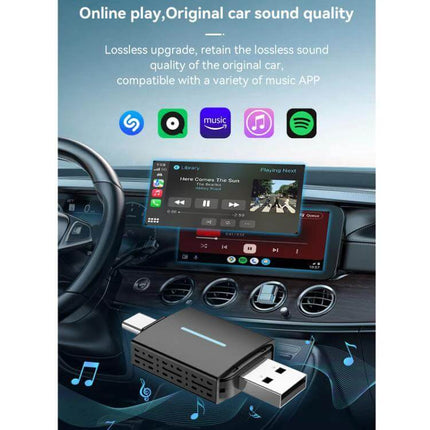 Wired CarPlay and Android to Wireless Box for Cars shown plugged into car USB with dashboard screen mirroring and music apps