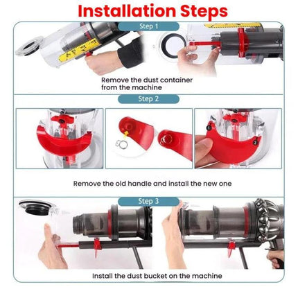 Upgraded Replacement Trigger Switch for Dyson Dust Bins shown during installation steps removing and replacing the dust bin trigger handle