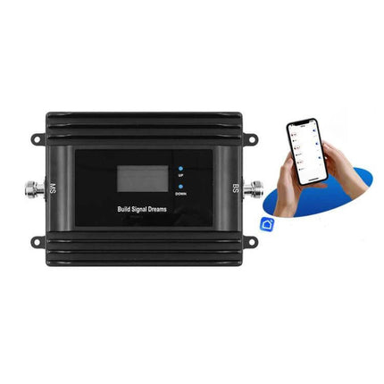 Tri-Band Mobile Signal Booster for Enhanced Home Coverage black tri-band amplifier unit shown with smartphone, boosts 900/1800/2100MHz for rural homes and basements