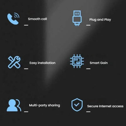 Tri-Band Mobile Signal Booster for Enhanced Home Coverage - icons showing smooth call, plug and play, easy installation, smart gain, multi-party sharing, secure internet access