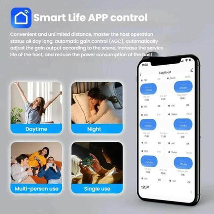 Tri-Band Mobile Signal Booster for Enhanced Home Coverage - Smart Life app control showing daytime, night, multi-person and single use on smartphone